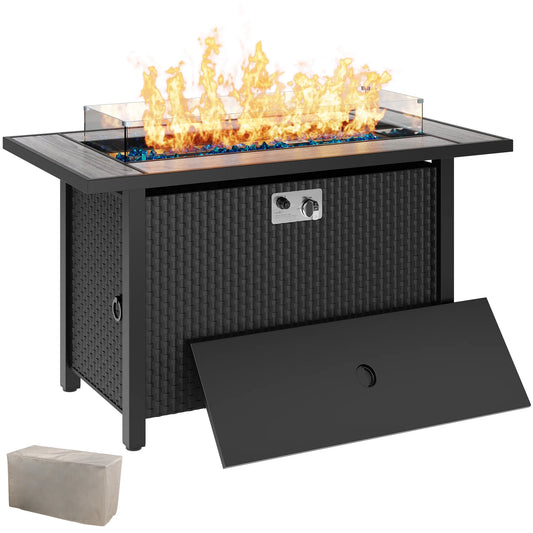 45" Propane Fire Pit Table 50,000 BTU Steel Gas Fire Pit with Removable Lid & Waterproof Cover and Tables - Design By Technique