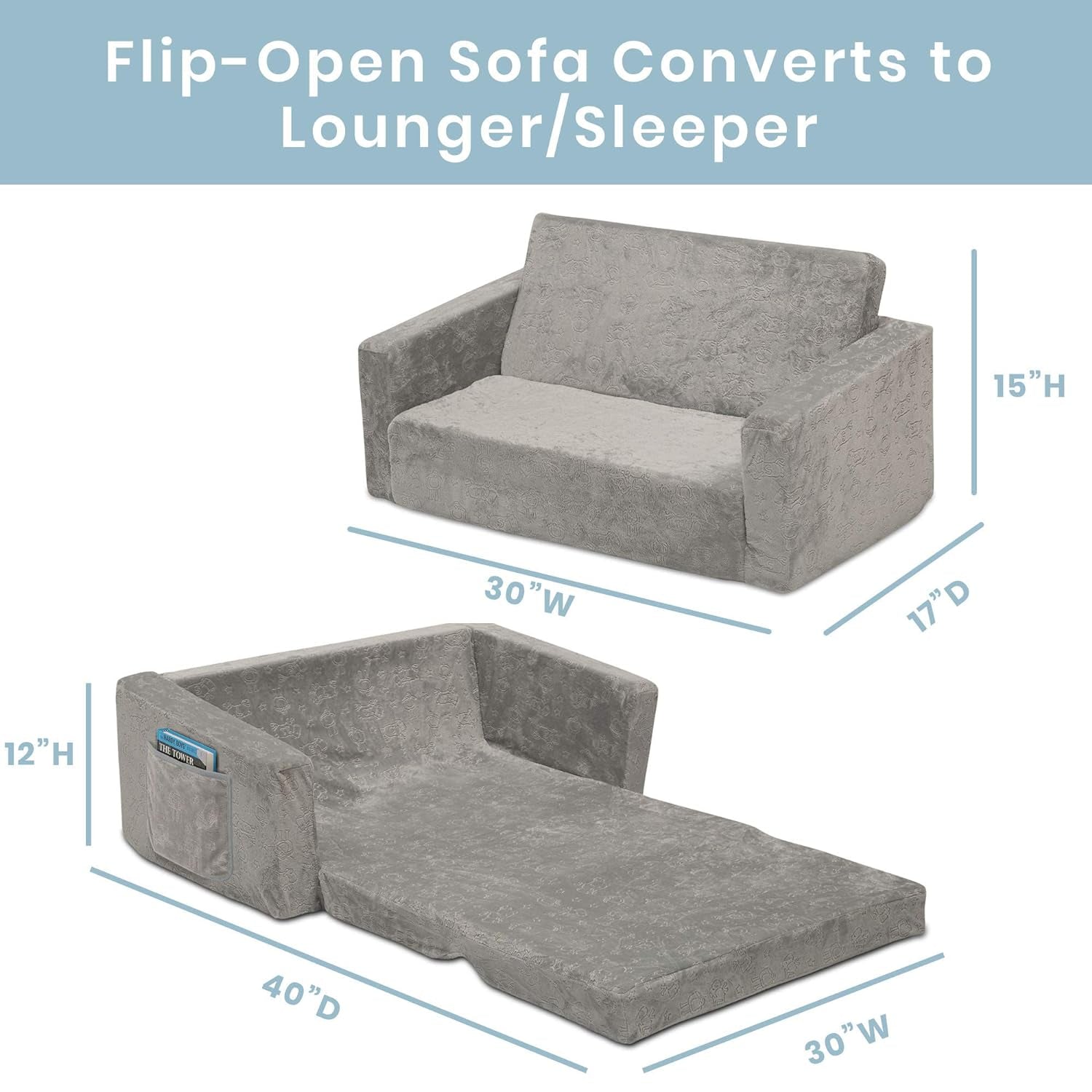 Perfect Extra Wide Convertible Sofa to Lounger-Comfy 2-In-1 Flip Open Couch/Sleeper for Kids, Grey