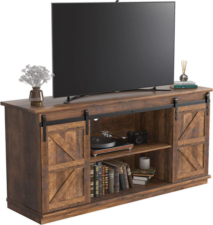 TV Stand for 65 Inch TV, Entertainment Center with Storage Cabinets and Sliding Barn Doors, Mid Century Modern Media TV Console Table for Living Room Bedroom (Rustic Oak)