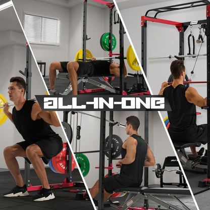 All-In-One Squat Rack for Home Gym, PPC02C Multi-Function 1000 LBS Capacity Power Cage with Lat Pulldown, Pulley System, Dip Bar, Landmine & More Power Rack Attachments, Package