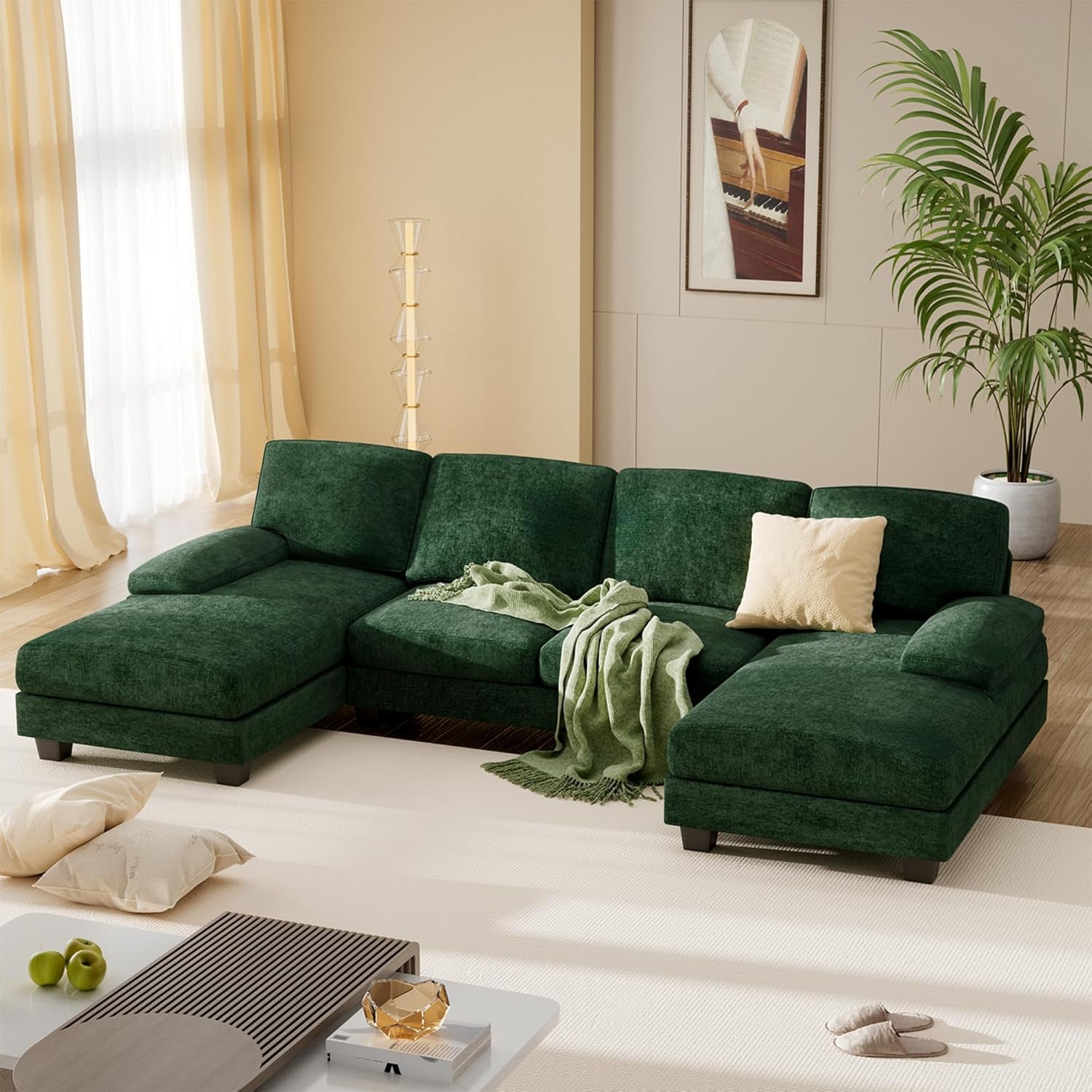 Convertible Sectional Sofa Couch, 4 Seat Sofa Set for Living Room U-Shaped Modern Fabric Modular Sofa Sleeper with Double Chaise & Memory Foam (Green)