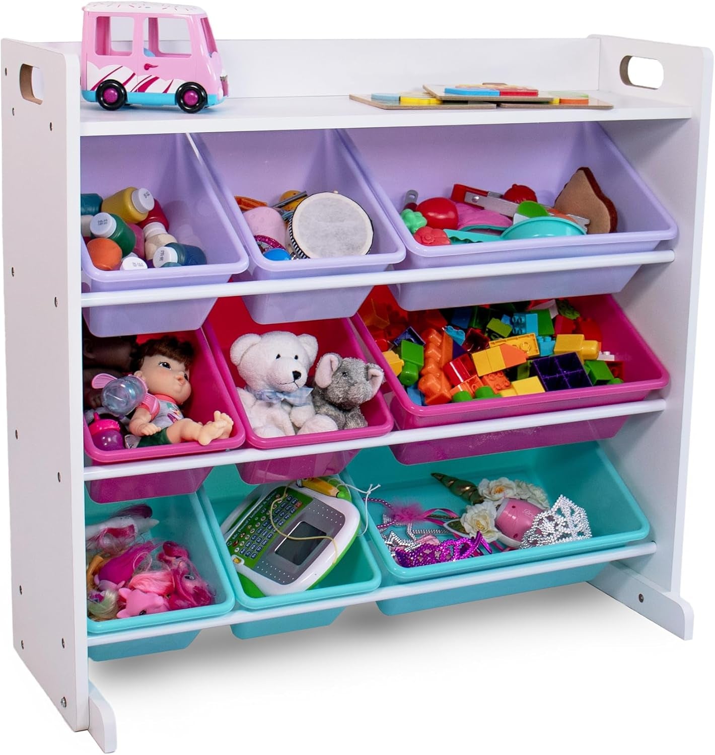 , White/Pink/Purple/Aqua Forever Toy Organizer with Shelf and 9 Storage Bins