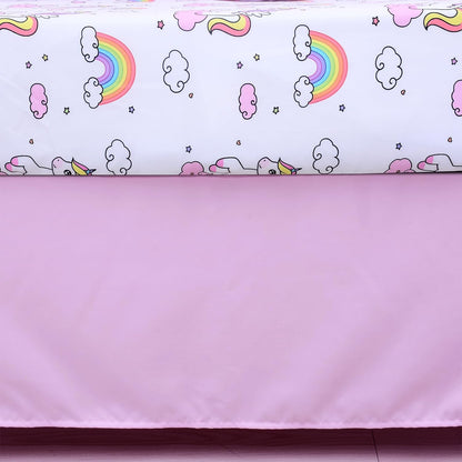 Crib Bedding Set for Girls 3 Pieces Unicorns Standard Size Baby Bedding Set - Nursery Bedding Set Includes Comforter Fitted Sheet Crib Skirt - Rainbow Baby Quilted Set Baby Girls Crib Set,Pink