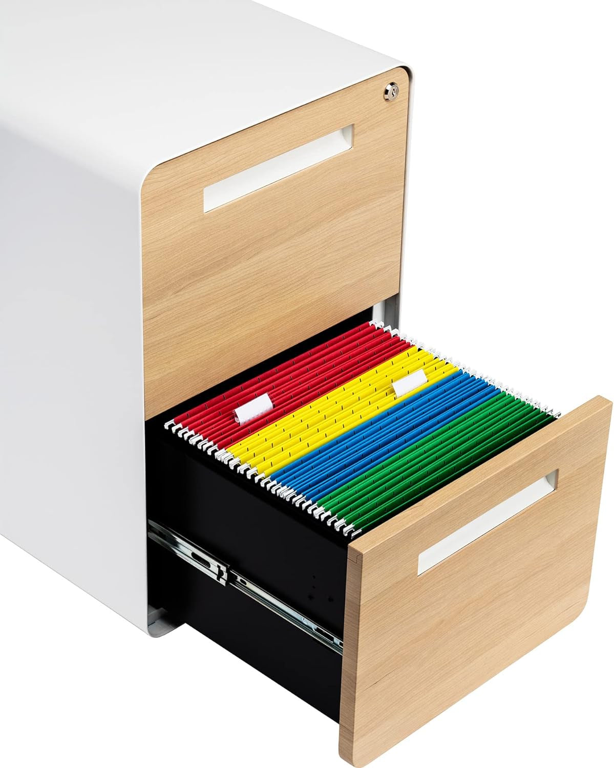 Stockpile 2 Drawer Mobile File Cabinet with Lock - under Desk Metal Filing Cabinet, Legal/Letter File Folders, Wheels and Stationary Feet, Pre-Assembled, White/Wood - Design By Technique