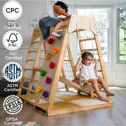 Magnolia Indoor Playground 6-In-1 Jungle Gym Montessori Waldorf Style Wooden Climber Playset Slide, Rock Climbing Wall, Rope Wall Climber, Monkey Bars, Swing for Toddlers, Children Kids 2-6Yrs