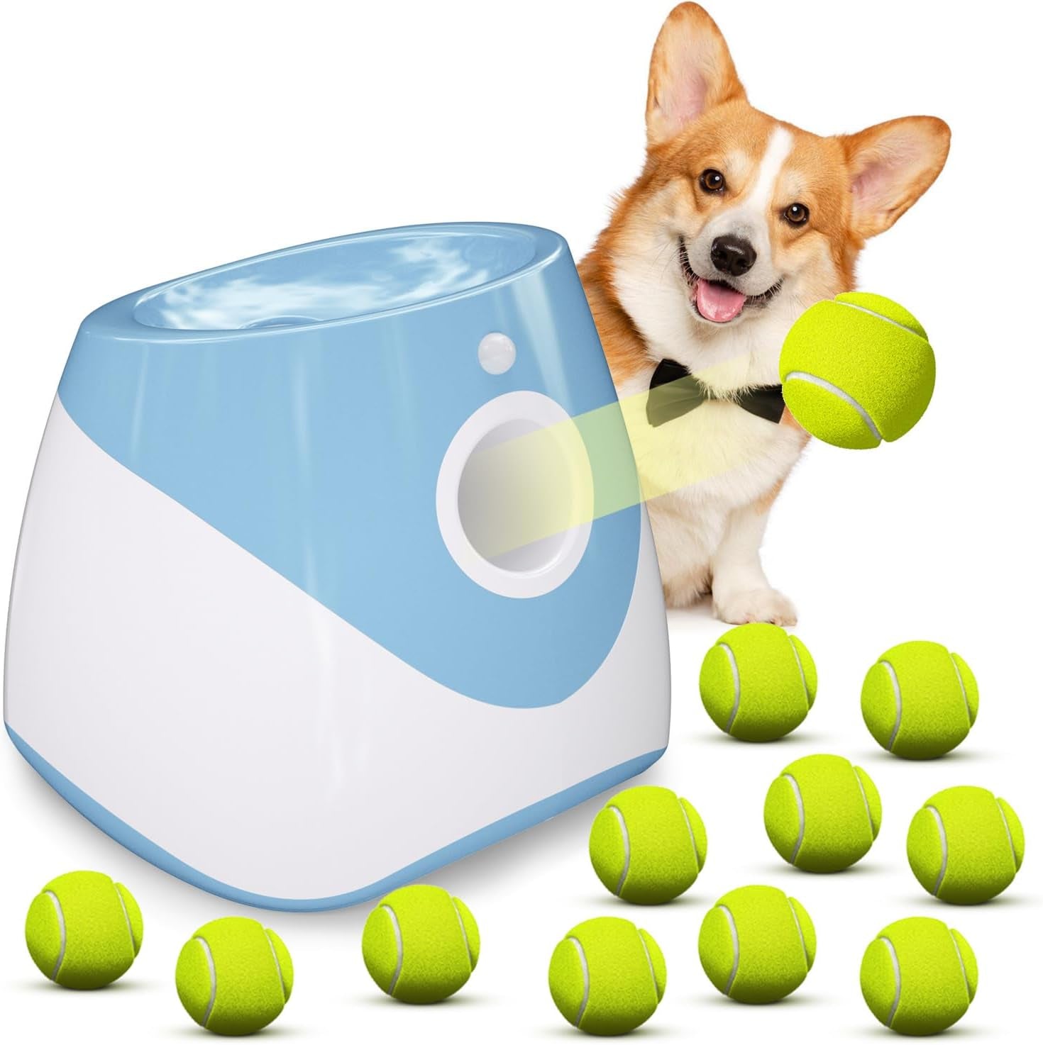 Automatic Dog Ball Thrower Launcher with 12 PCS Tennis Balls,Thrower Distance 10-30Ft, Interactive Dog Fetch Machine Toy for Small Dogs (Blue Dog Ball Launcher)