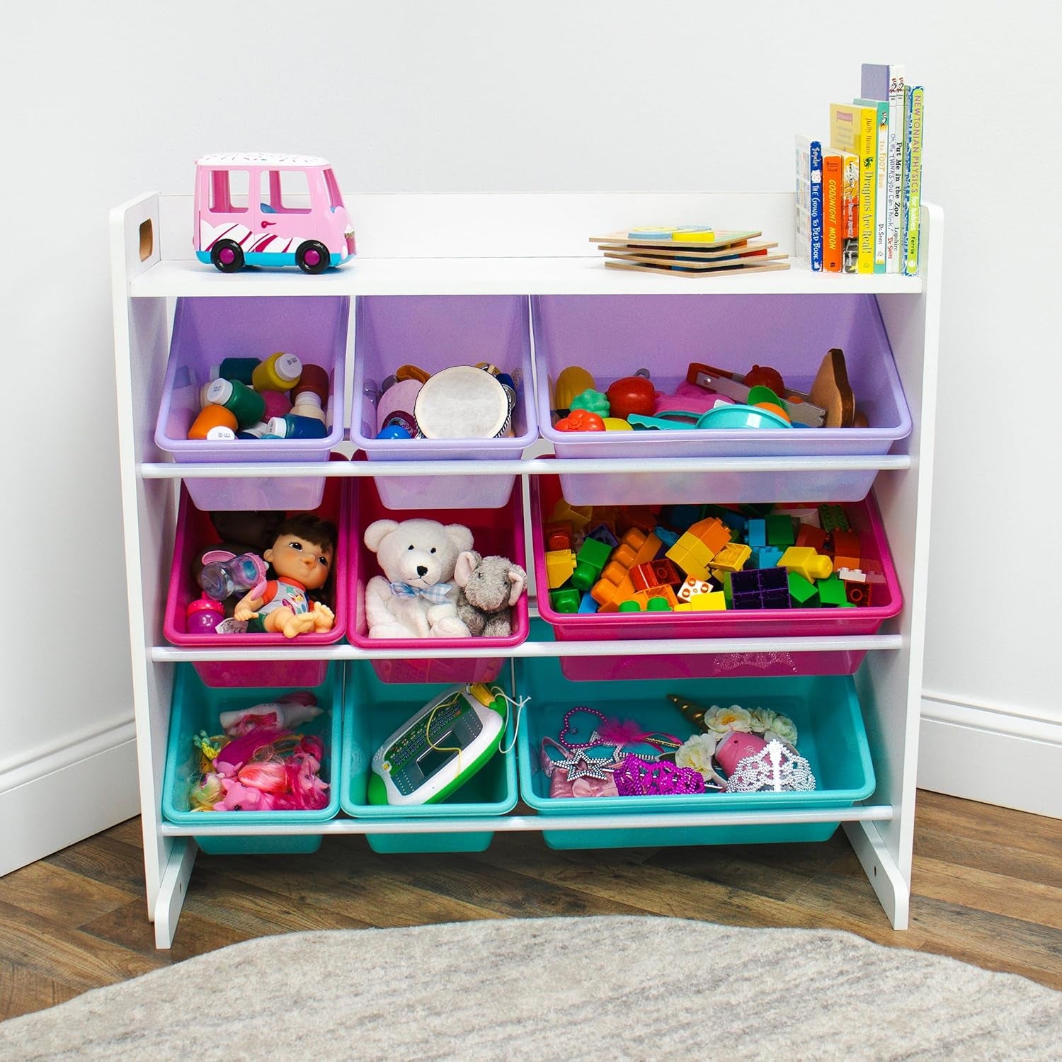 , White/Pink/Purple/Aqua Forever Toy Organizer with Shelf and 9 Storage Bins