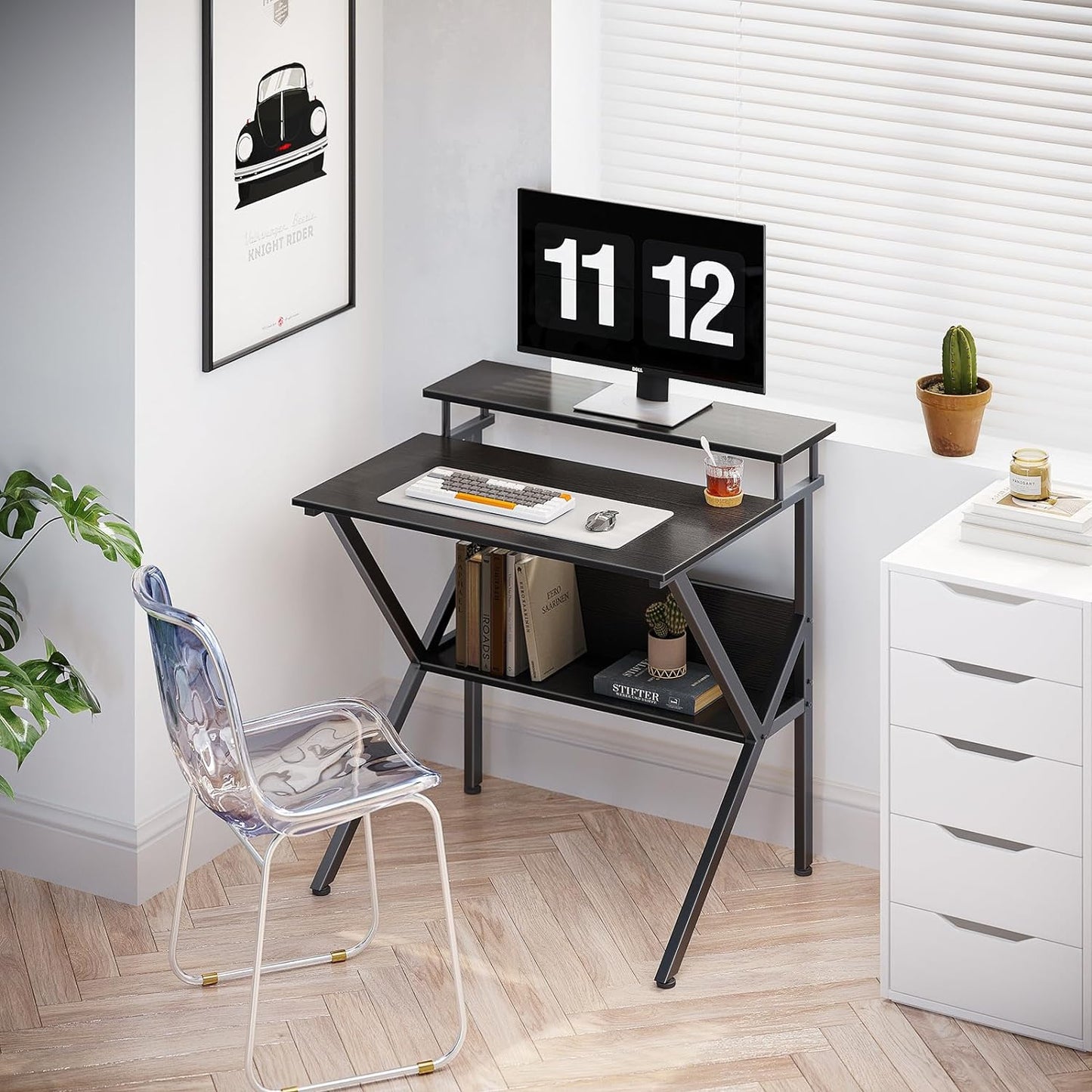 Small Computer Desk, 27.5 Inch, Compact Tiny Study Desk with Storage and Monitor Stand for Home Office, Small Spaces, Black