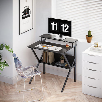 Small Computer Desk, 27.5 Inch, Compact Tiny Study Desk with Storage and Monitor Stand for Home Office, Small Spaces, Black