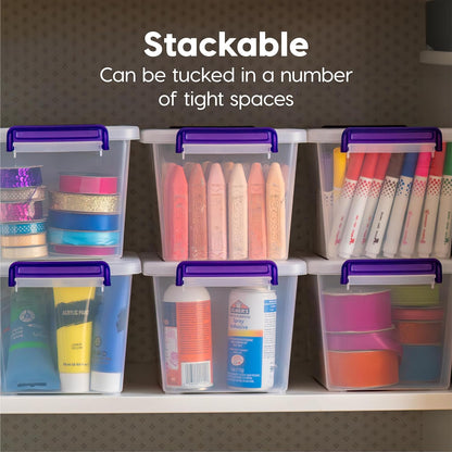 USA Plastic Storage Bins with Lids 5.4 Qt. Craft Organizers and Storage with Handle, Art Supply Storage Organizer, Arts and Crafts Organizer, Stackable and Secure Latch, Clear/Violet - 6 Pack