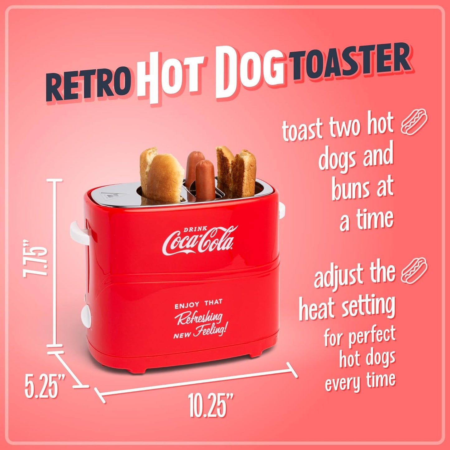 Coca-Cola 2 Slot Bun Mini Tongs, Hot Dog Toaster Works with Chicken, Turkey, Veggie Links, Sausages and Brats, Retro Red