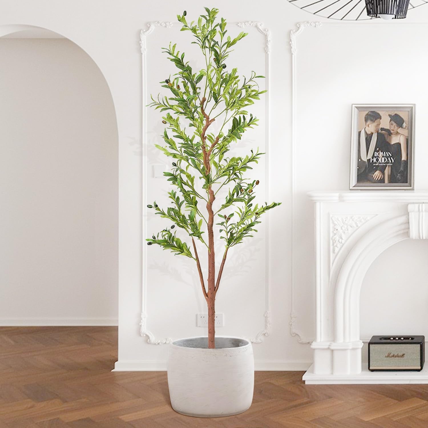 Artificial Olive Tree 7Ft,Fake Faux Olive Tree with Natural Wood Trunk and Realistic Leaves and Fruits,Olive Fruits Artificial Tree for Modern Home Office Living Room Decor Indoor