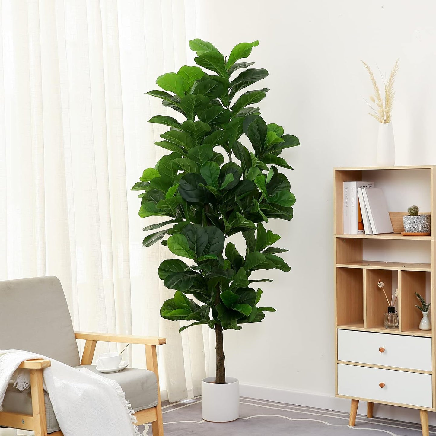 Fiddle Leaf Fig Tree 6Ft Tall Artificial Tree in Plastic Pot Fake Ficus Lyrata Plants with 184 Decorative Fiddle Leaves Faux Fig Trees for Home Office Living Room Decor Indoor Outdoor