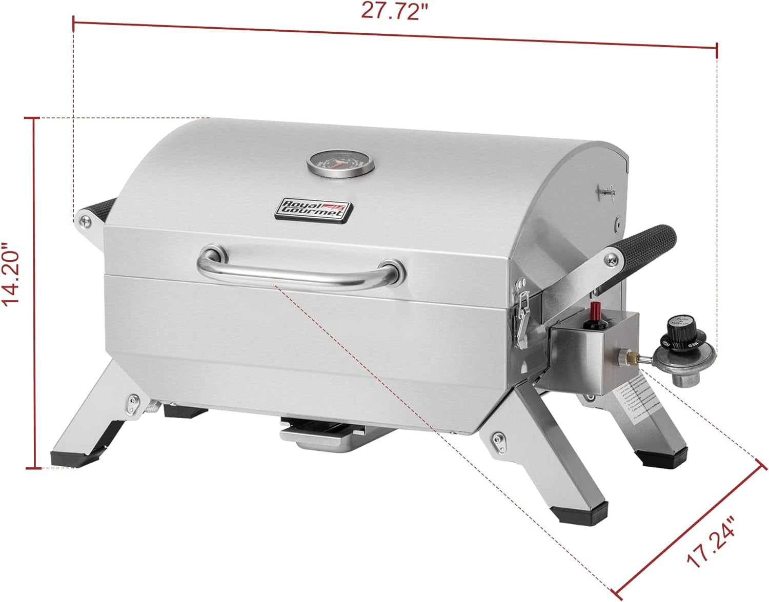 Stainless Steel Portable Grill with Two Handles and Travel Locks, Tabletop Propane Gas Grill with Folding Legs, 10000 BTU, for Picnic Cookout, GT2001, Silver