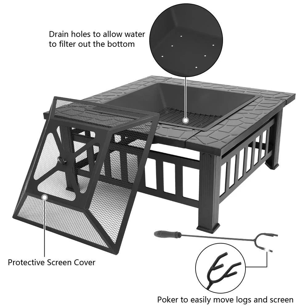 Wooden 32" Metal Fire Pit Patio Garden Square - Design By Technique