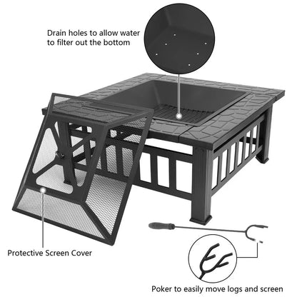 Wooden 32" Metal Fire Pit Patio Garden Square - Design By Technique