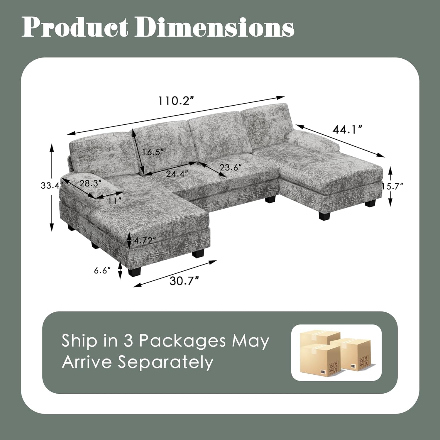 Convertible Sectional Sofa Couch, 4 Seat Sofa Set for Living Room U-Shaped Modern Fabric Modular Sofa Sleeper with Double Chaise & Memory Foam (Grey)