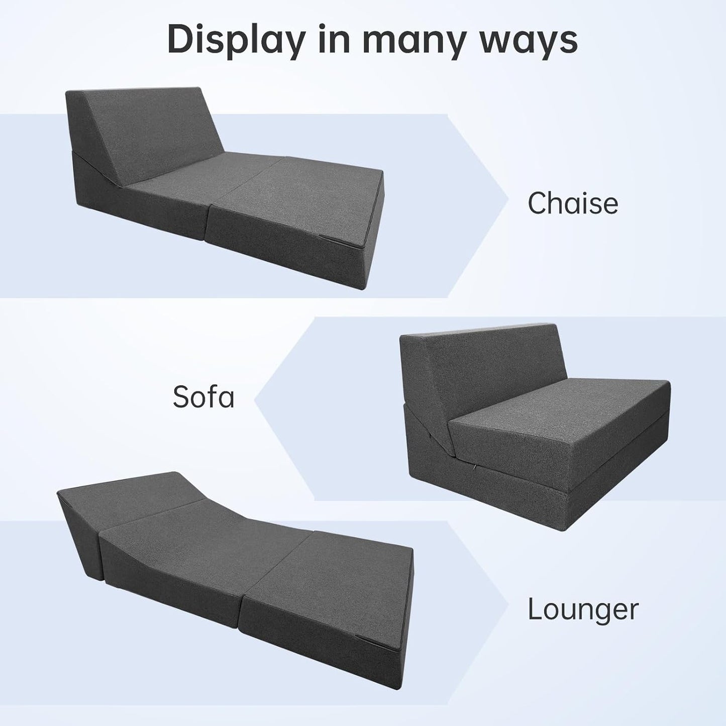 Convertible Sofa Bed Memory Foam Lounge Chaise with Pillow Chaise Sofa Chair for Living Room Bedroom and Apartment Office, Dark Gray