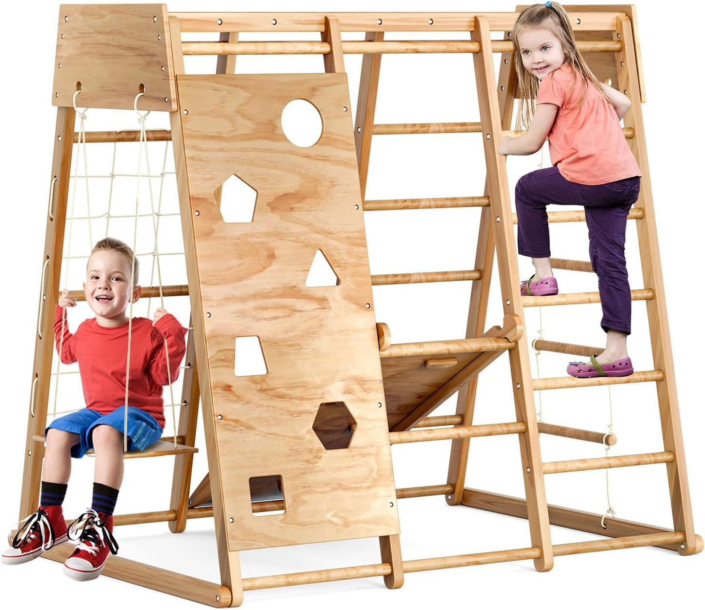 8-In-1 Kids Indoor Playground Jungle Gym, Wooden Climber Playset with Swing, Slide, Rock Climb Wall, Monkey Bar, Wood & Rope Ladder, Climbing Net - Gift for Toddlers Aged 2-8