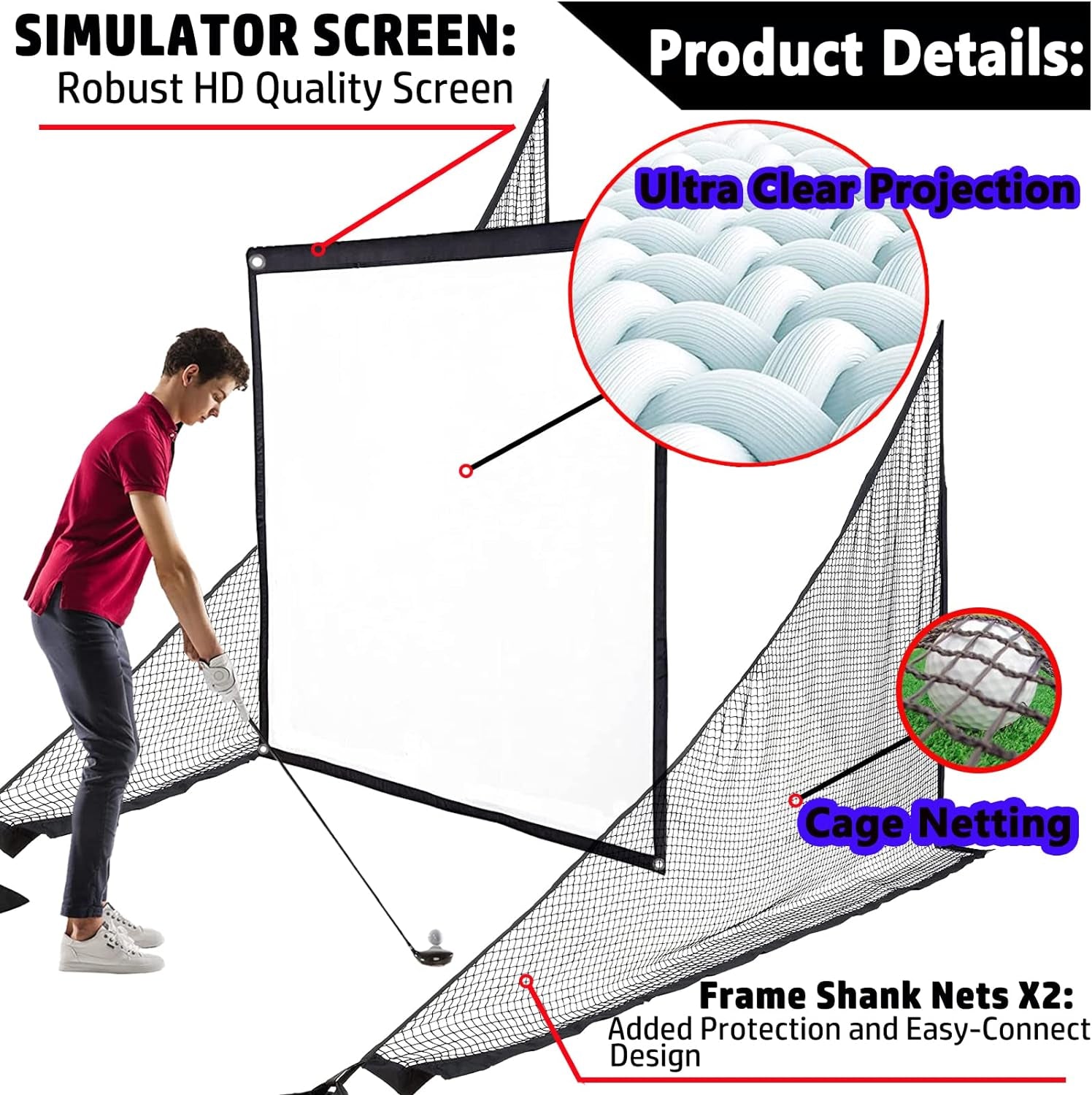 Golf Simulator Impact Screens Installed on Golf Hitting Net Frame- Sim Ball Simulator Impact Display Projection Screen with 10Pcs Grommet Ropes for Outdoor/Indoor/Home