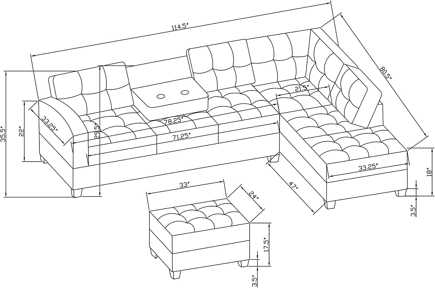 Sectional, L Shape Modular Storage Ottoman & Chaise, Comfy Oversized Corner Sofa Cup Holder,Fabric Living Room Furniture Couch Sets, Gray Linen