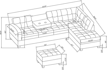 Sectional, L Shape Modular Storage Ottoman & Chaise, Comfy Oversized Corner Sofa Cup Holder,Fabric Living Room Furniture Couch Sets, Gray Linen