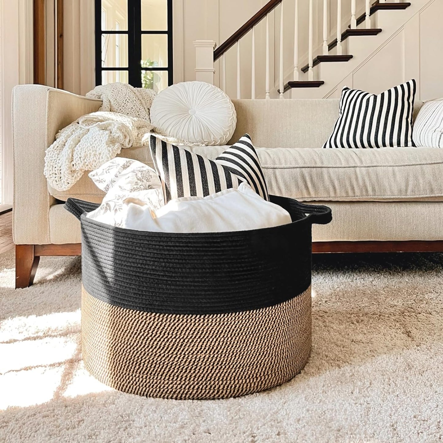 Large Storage Baskets for Organizing, 21.7 X 13.8 Blanket Basket Living Room Dog Toy Bin, Woven Laundry Basket for Dirty Clothes, Pillows, Towel, 90L Mix Black