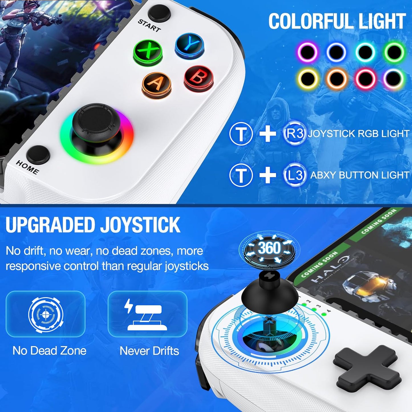 Wireless Mobile Gaming Controller for Iphone/Android, Phone Game Controller Support Phone Case, RGB Light Hall Joystick, Turbo, Mobile Gaming Gamepad