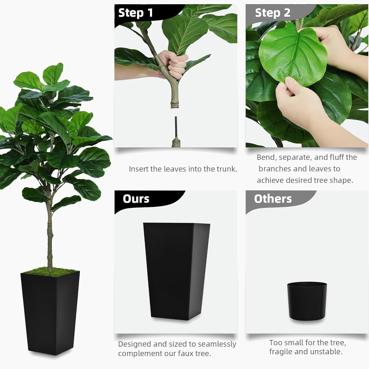 Fiddle Leaf Fig Tree Artificial 5FT - Faux Fiddle Leaf Fig Tree with White Tall Planter - Fake Ficus Lyrata Floor Plant Potted - Artificial Fig Tree for Home Office Living Room Decor Indoor