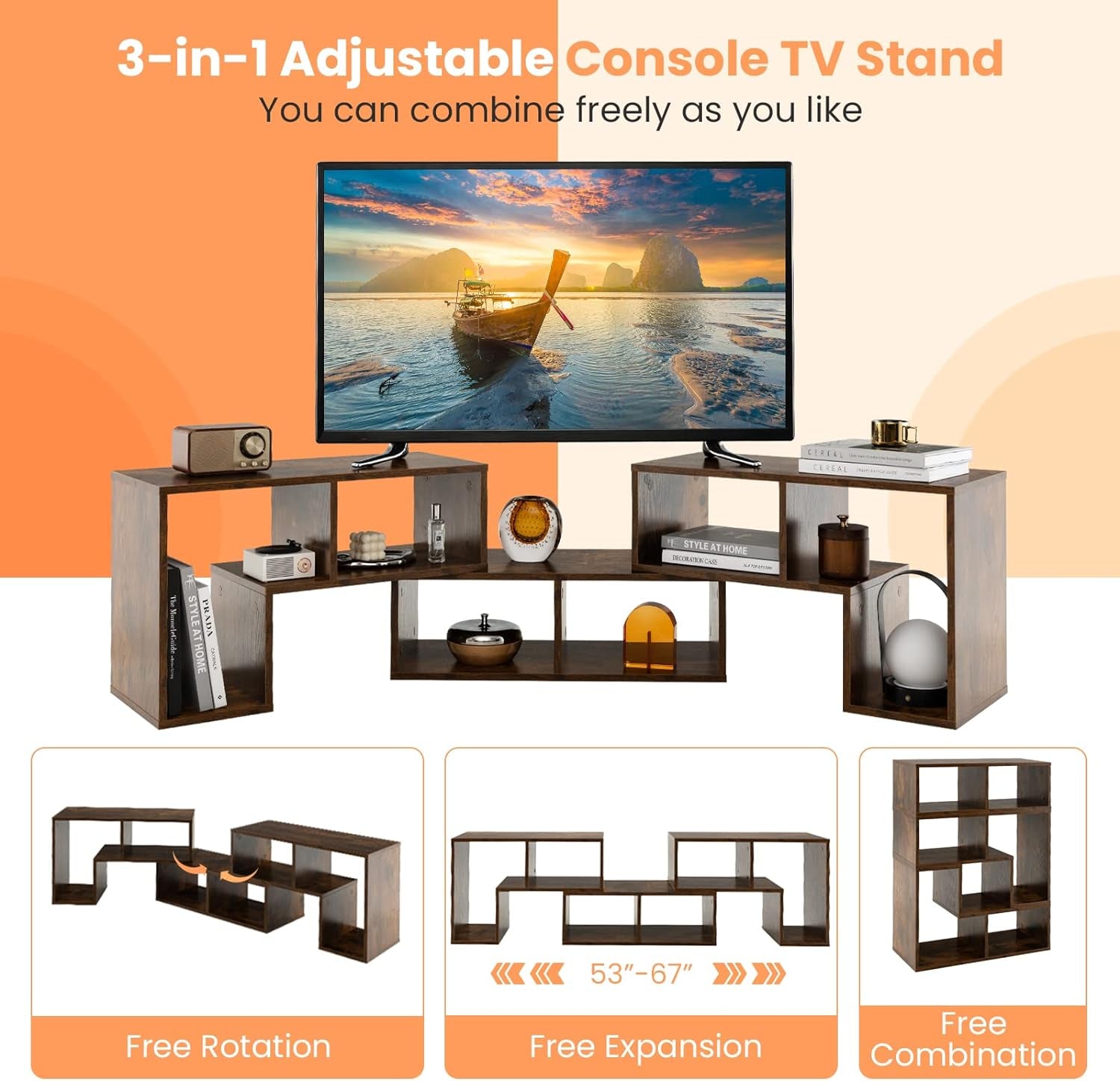 3 Pieces Console TV Stand, Free-Combination Entertainment Center for 50 55 60 65 Inch TV, Minimalist Modern Media Stand, DIY Open Storage Bookcase Shelf for Living Room (Brown)