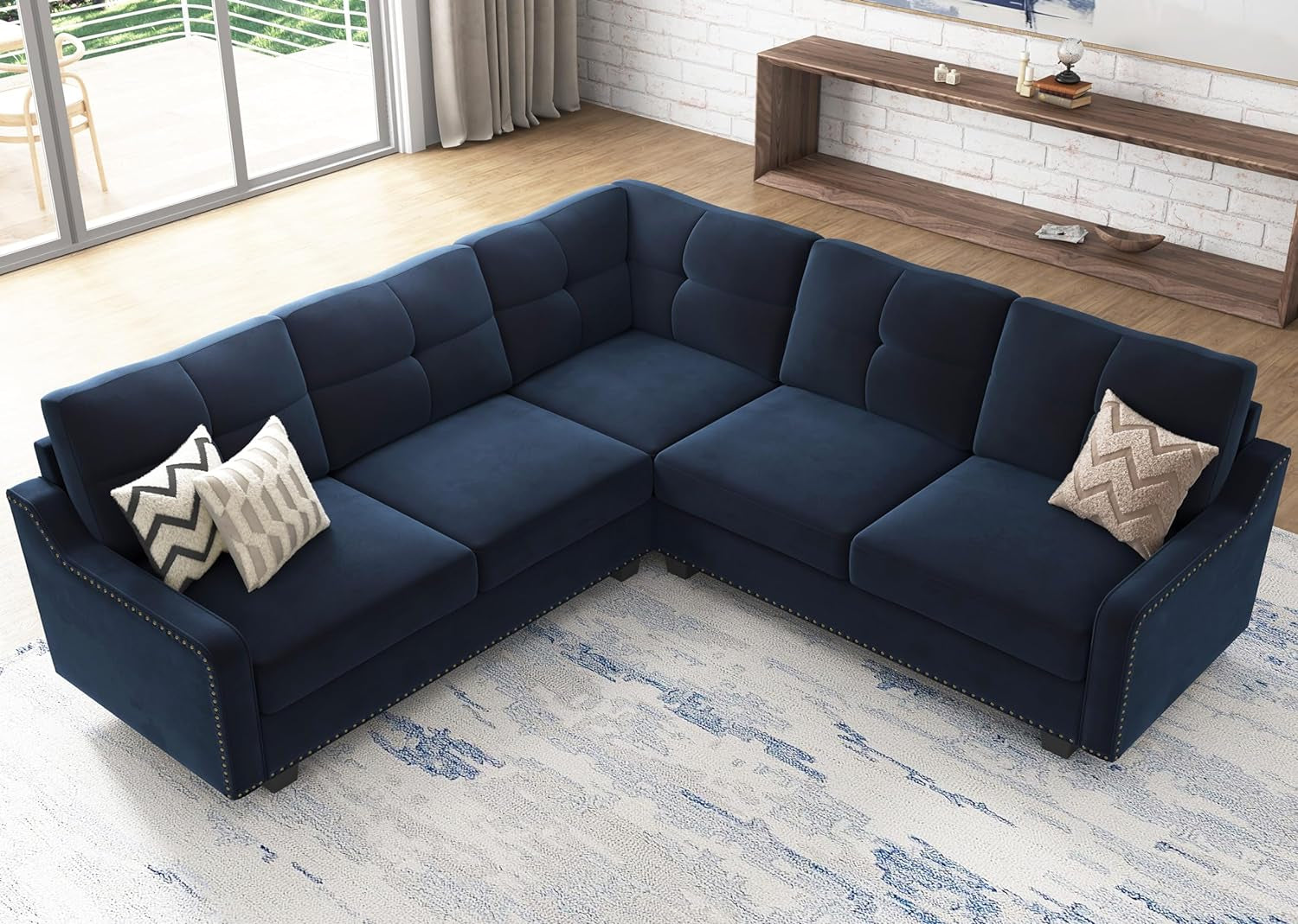 Convertible Sectional Sofa L Shaped Couch for Small Apartment Reversible Sectional Couch for Living Room,Velvet Dark Blue