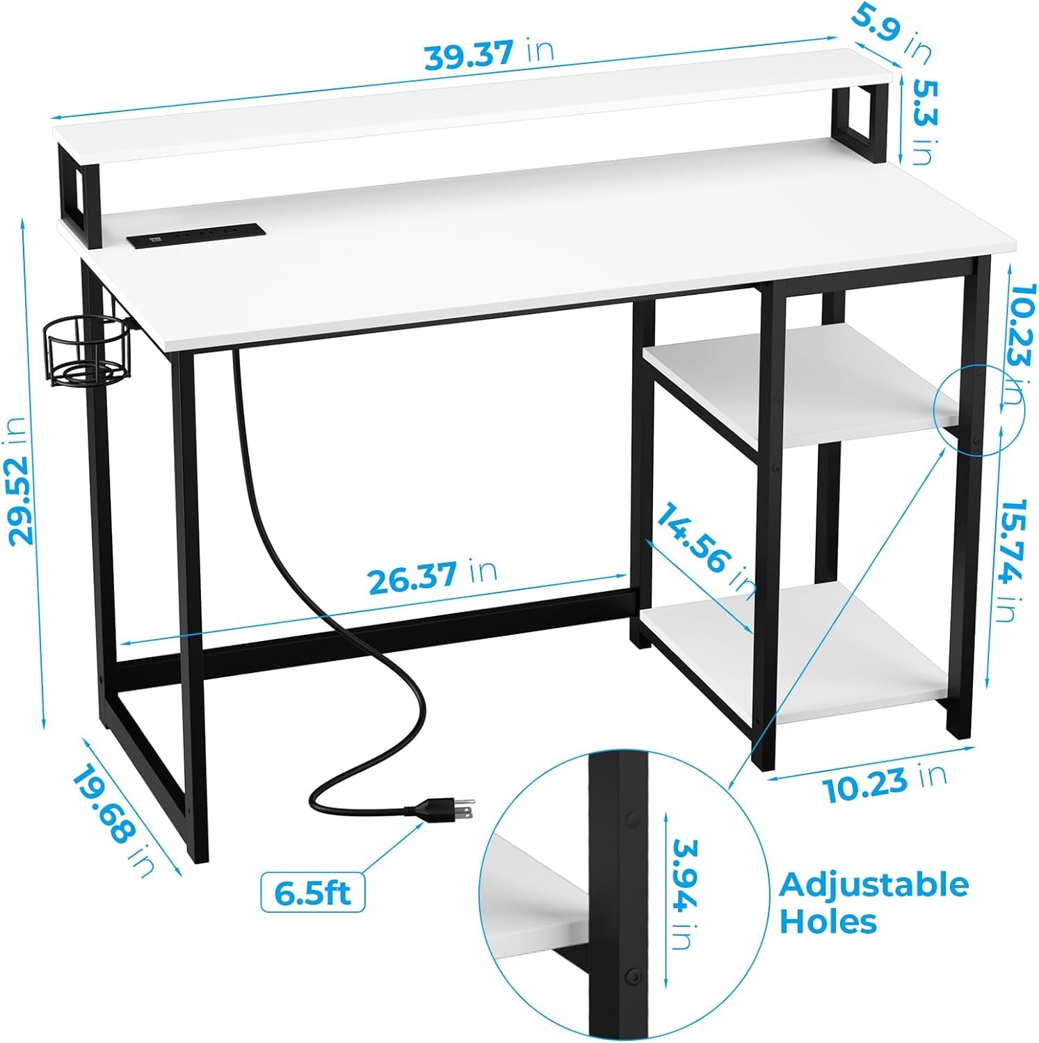 Computer Desk with USB Charging Port and Power Outlet, Reversible Small Desk with Monitor Stand and Storage Shelves for Home Office, 40 in Work Desk with Cup Holder Hook, White