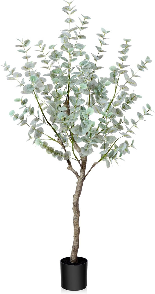 4Ft Artificial Eucalyptus Tree, Fake Eucalyptus Tree with White Silver Dollar Leaves, Silk Faux Eucalyptus Tree with Plastic Nursery Pot, Artificial Plants for Home Office Indoor Decor,1 Pack