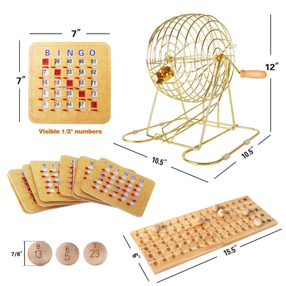 GSE™ Shutter Bingo Game Set for Large Groups. Large Brass Bingo Cage & Board, 7/8" Wooden Bingo Balls, 10 Shutter Bingo Cards