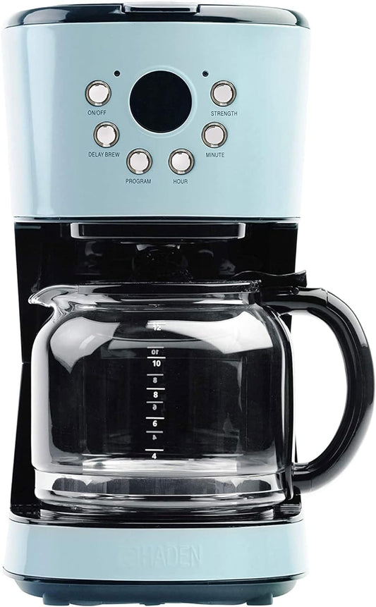 Innovative 12 Cup Capacity Programmable Ergonomic Vintage Retro Home Countertop Coffee Maker Machine with Glass Carafe Pot, Turquoise Blue