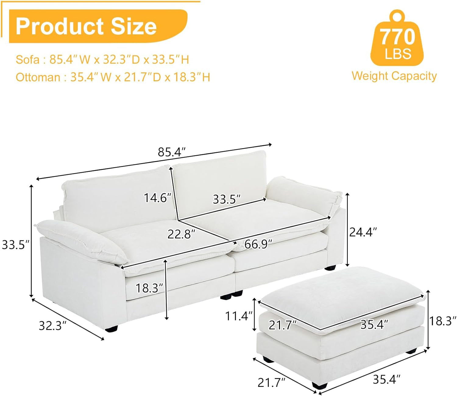 85.4" Convertible Sectional Sofa,L-Shaped Deep Seat Sofa Couch for Living Room,Modern 2-Seat Loveseat Sofa with Ottoman for Small Space(Creamy White, 85.4")