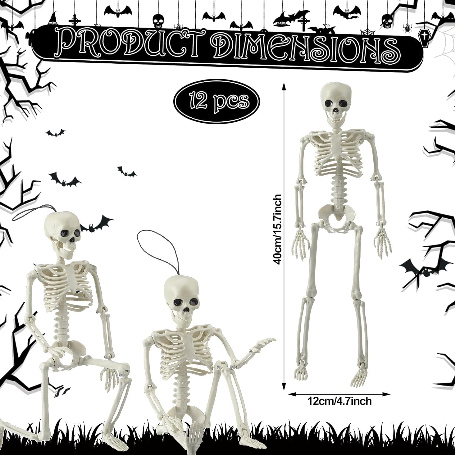 12 Pcs 16” Posable Halloween Skeleton Decoration Full Body Halloween Hanging Skeleton with Movable Joints Plastic Skeleton for Halloween Graveyard Haunted House Decor