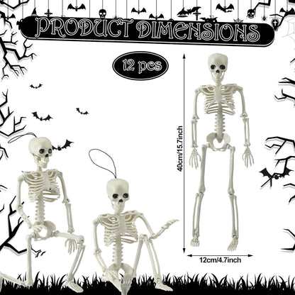 12 Pcs 16” Posable Halloween Skeleton Decoration Full Body Halloween Hanging Skeleton with Movable Joints Plastic Skeleton for Halloween Graveyard Haunted House Decor