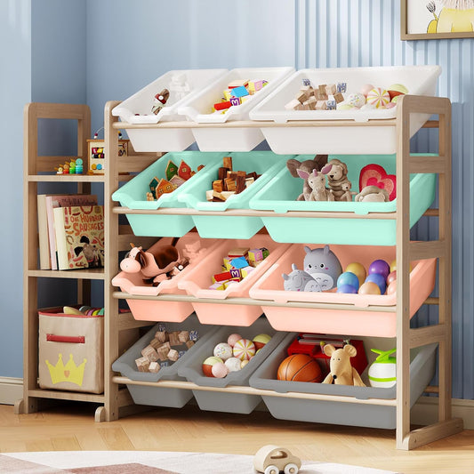 Toy Storage Organizer - Toy Organizers and Storage with Bookshelf, Toy Storage Shelf with 3 Shelves and 12 Storage Bins, Kids Bookshelf and Toy Storage for Kids Room, Playroom, Nursery, Multi Color