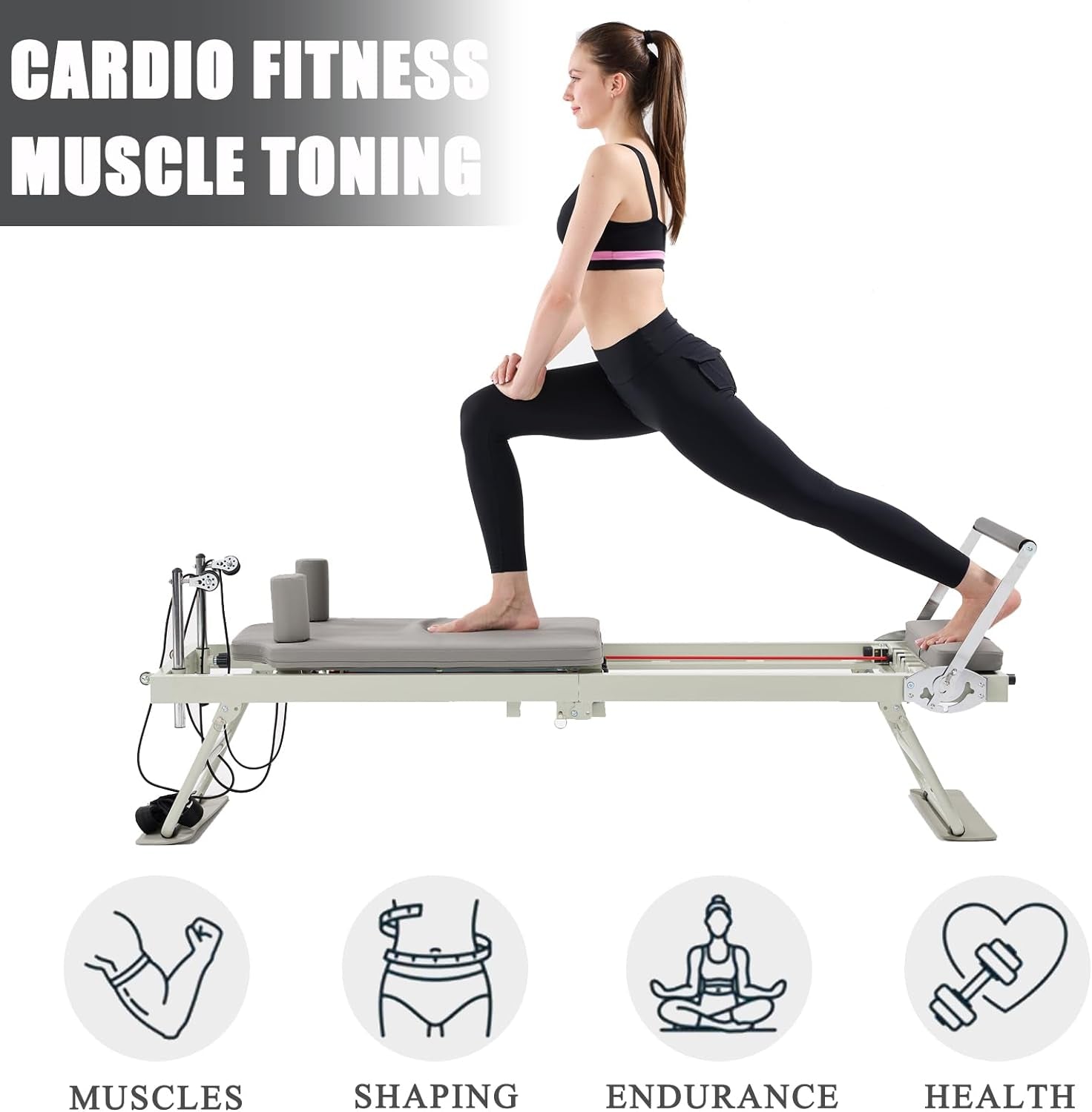 Pilates Reformer Machine Home Indoor Workout Machine，Foldable Pilates Reformer Equipment for Home Gym Cardio Fitness -Up to 250 Lbs Weight Capacity-Personal Indoor Sport Apparatus-Birthday Gift