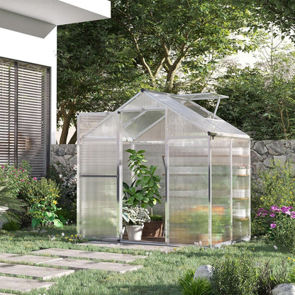 4' L X 6' W Walk-In Polycarbonate Greenhouse with Roof Vent for Ventilation & Rain Gutter, Hobby Greenhouse for Winter - Design By Technique