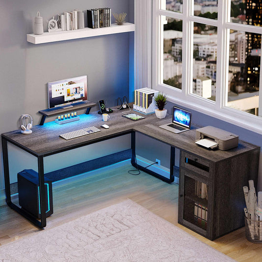 L Shaped Desk with Power Outlets & Drawer, Reversible Computer Desk with File Cabinet, Office Desk Corner Desk Gaming Desk with LED Lights & Monitor Stand, Gray - Design By Technique