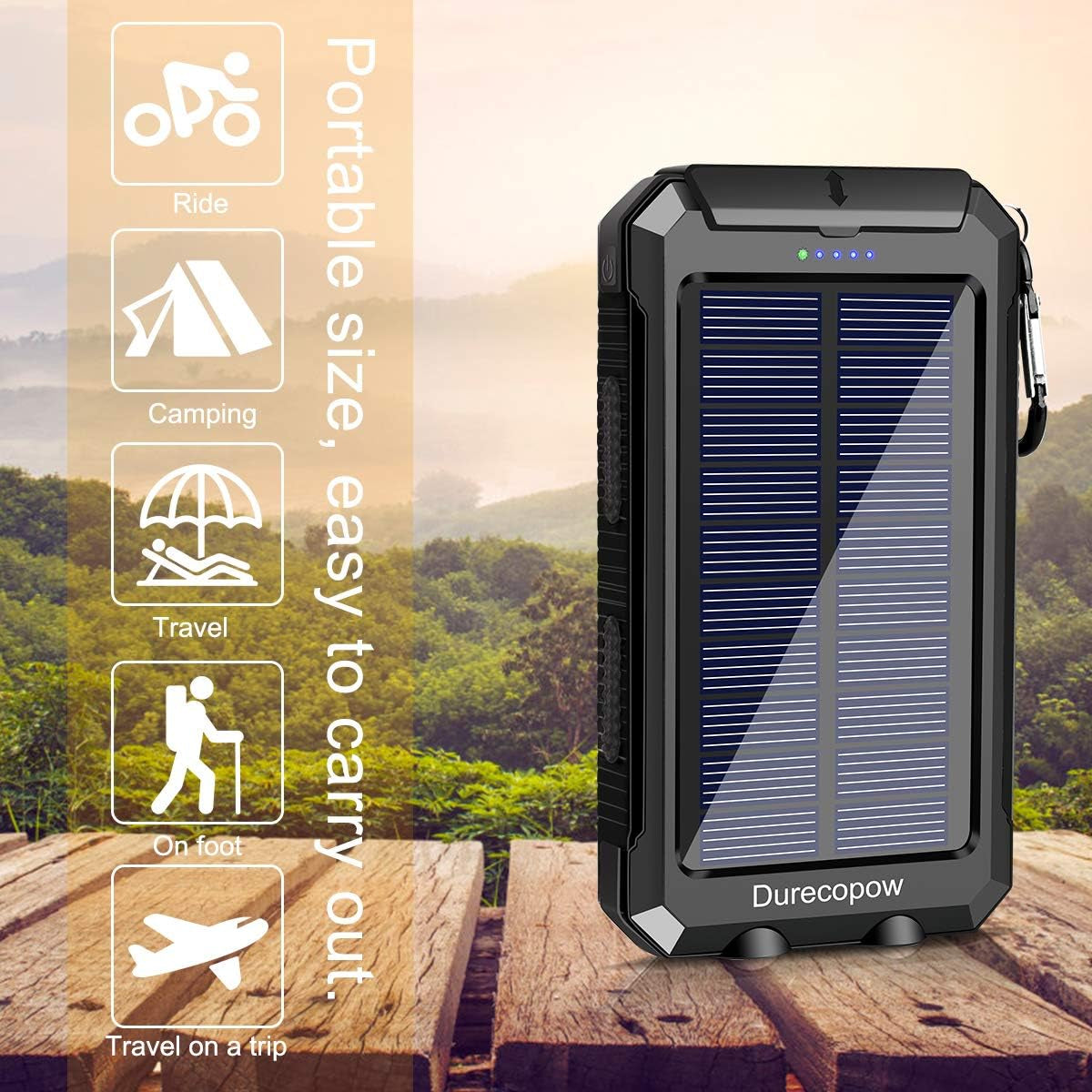 Solar Charger, 20000Mah Portable Outdoor Waterproof Solar Power Bank, Camping External Backup Battery Pack Dual 5V USB Ports Output, 2 Led Light Flashlight with Compass (Black)