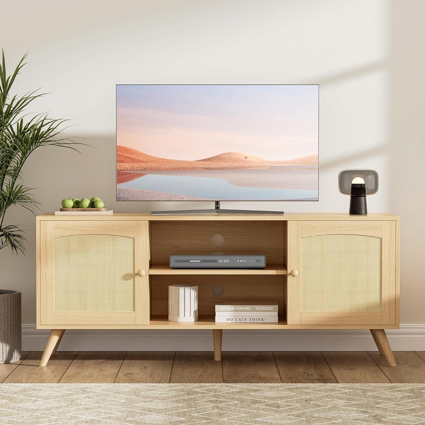 Oak TV Stand for 60 Inch TV, Wooden Mid Century Modern Entertainment Center with Natural Rattan Door, Boho Media TV Console for Living Room