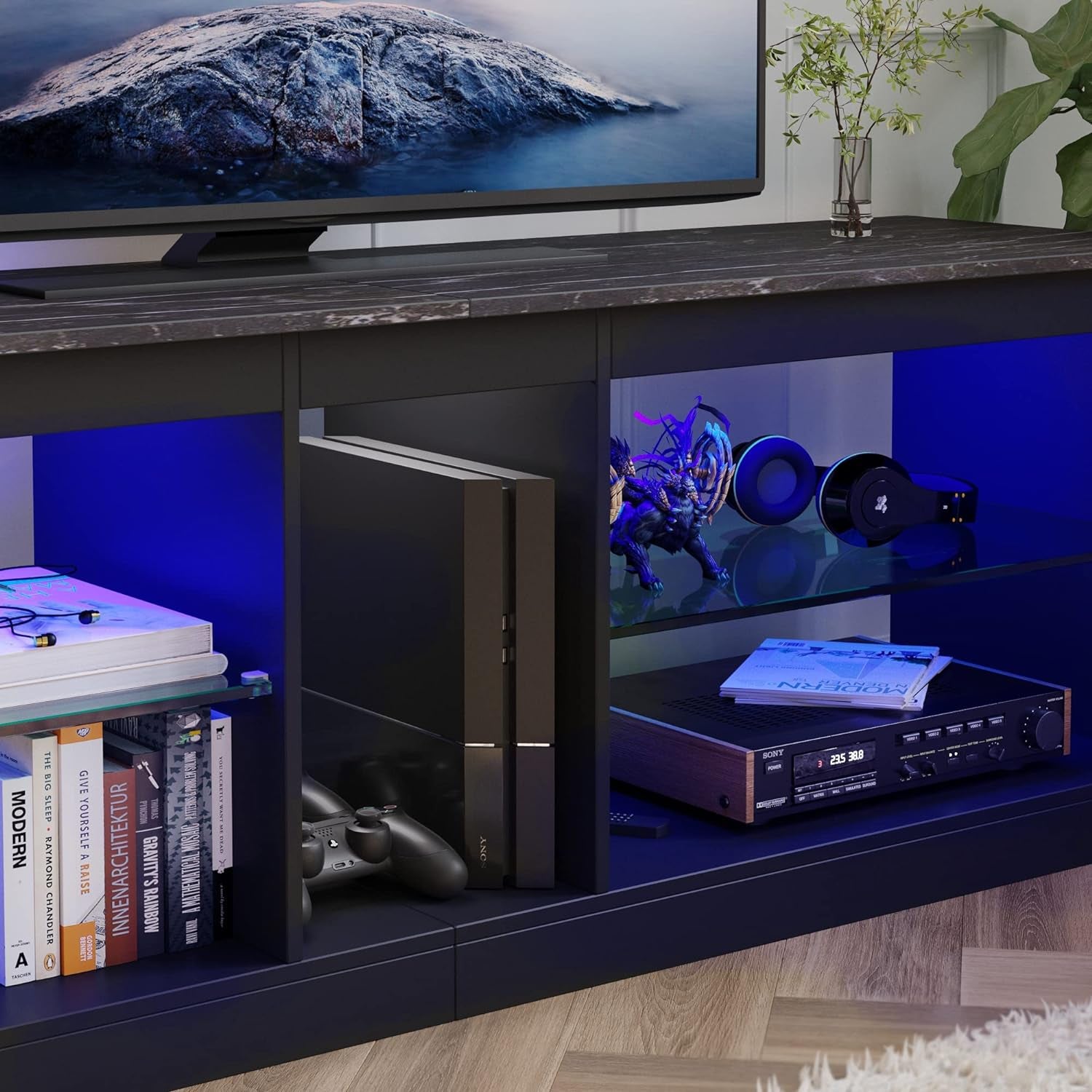 Entertainment Center LED Gaming TV Stand for 55+ Inch TV Adjustable Glass Shelves 22 Dynamic RGB Modes TV Cabinet Game Console PS4, Black Marble