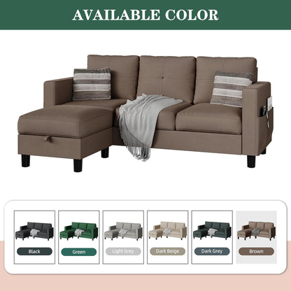 Convertible Sectional Sofas Couches for Living Room, L Shaped Couch with Storage Ottoman, Small Sectional 3 Seater Sofa for Small Spaces, Brown