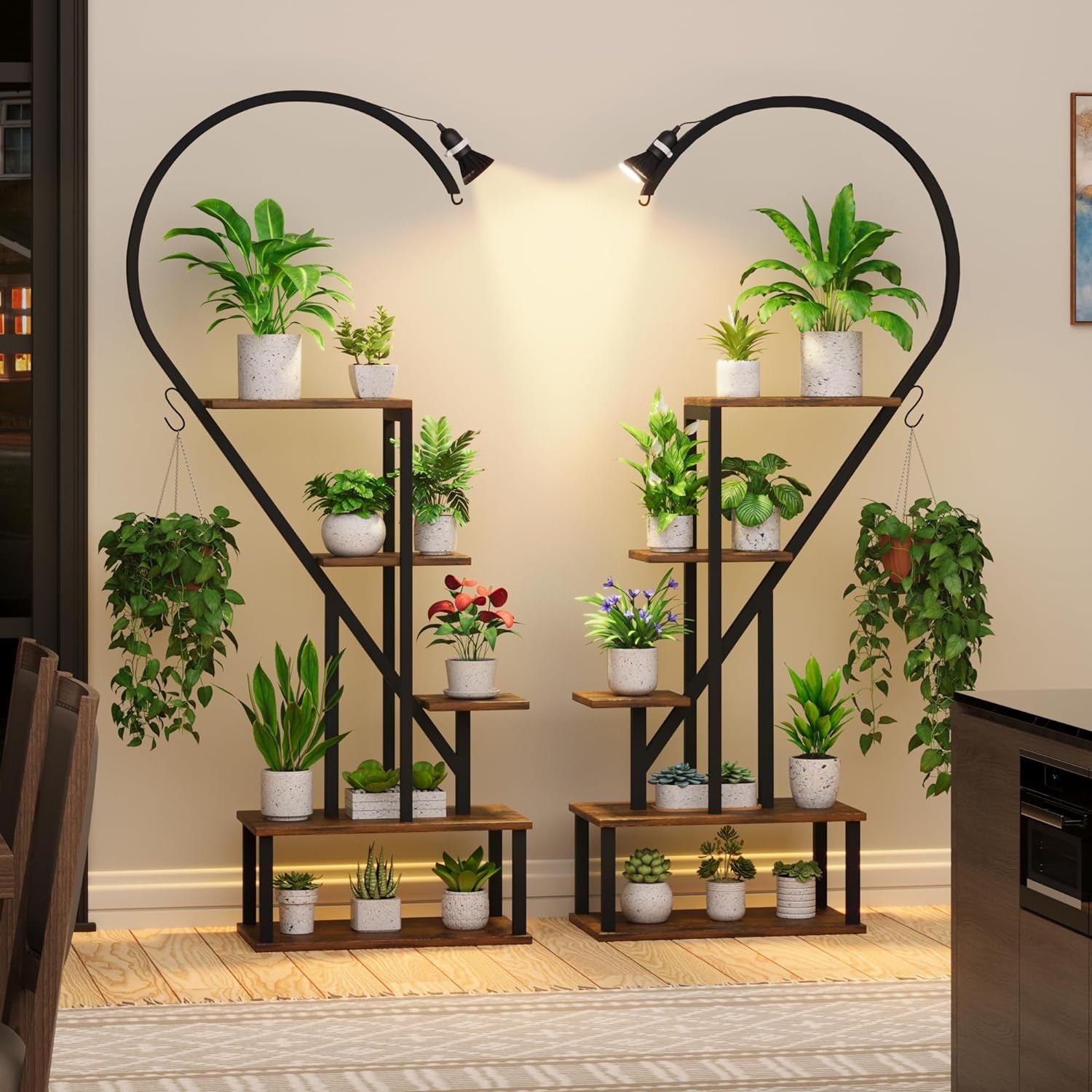 Plant Stand Indoor with Grow Lights - 5 Tier Tall Plant Stand, Metal Plant Shelf Display Rack, Heart Plant Stand for Indoor Plants Multiple, Large Plant Stand for Home, Living Room, Patio (Black)