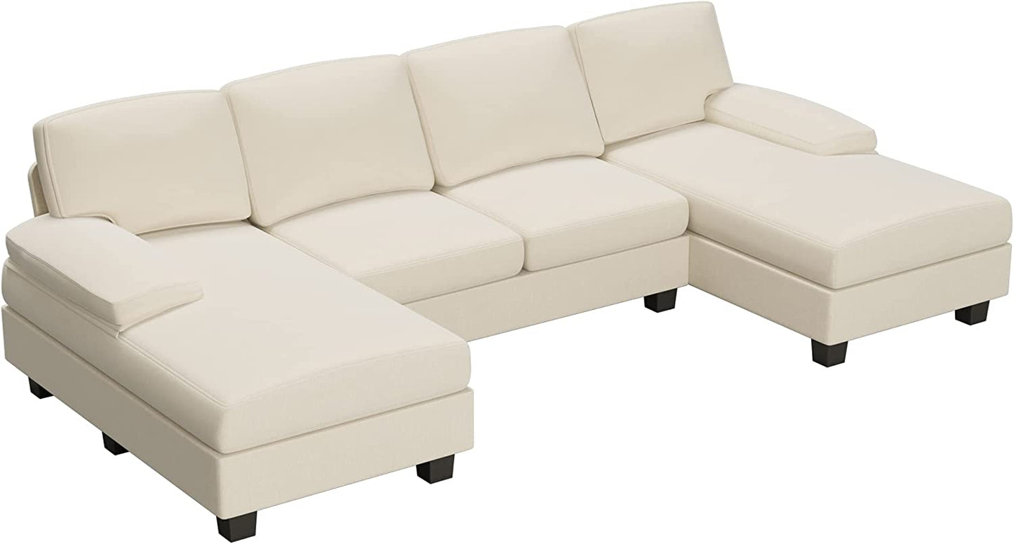 Convertible Sectional Sofa Couch, 4 Seat Sofa Set for Living Room U-Shaped Modern Fabric Modular Sofa Sleeper with Double Chaise & Memory Foam (White)