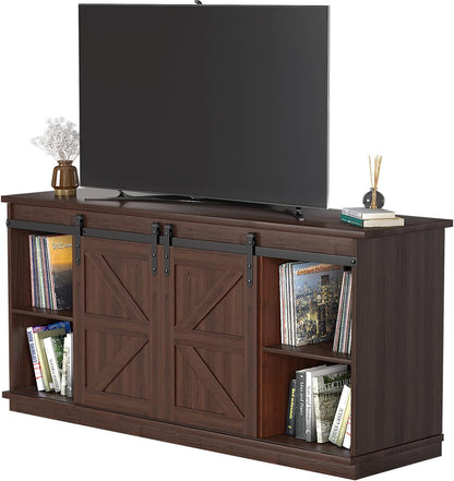 TV Stand for 65 Inch TV, Entertainment Center with Storage Cabinets and Sliding Barn Doors, Mid Century Modern Media TV Console Table for Living Room Bedroom (Brown)