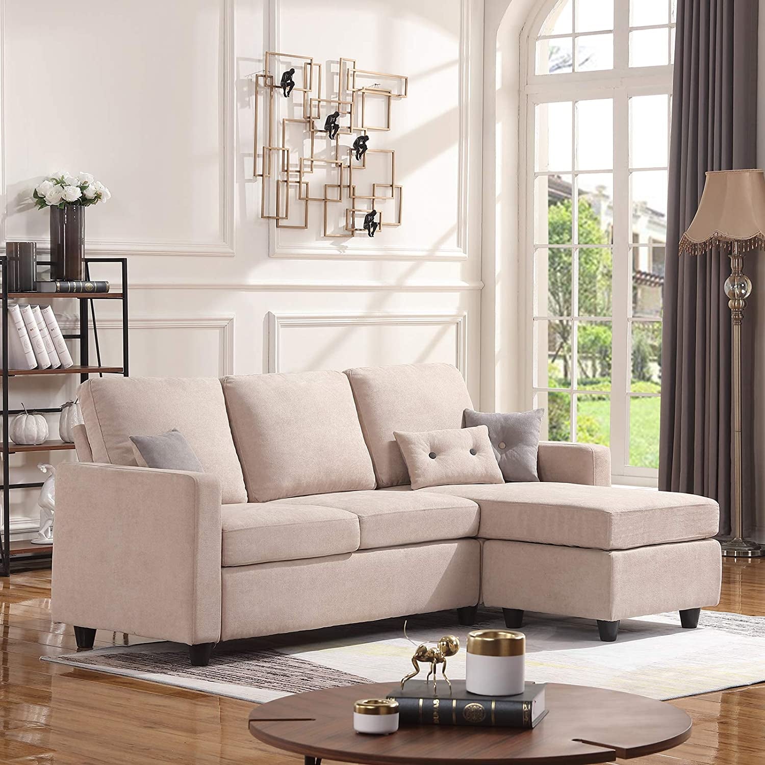 L Shaped Couch with Linen Fabric,Convertible, Reversible Sectional Sofa for Small Space, Dark Beige